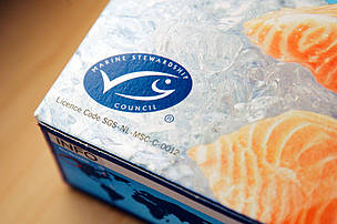 MSC certified sustainable seafood, here a package of frozen salmon.